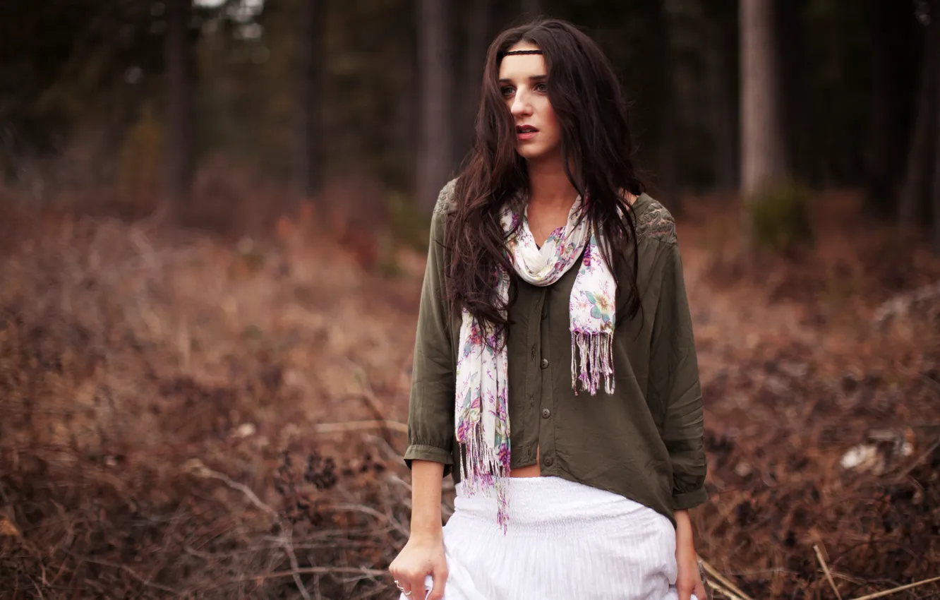 Photo wallpaper look, girl, trees, brunette, Ashley, scarf