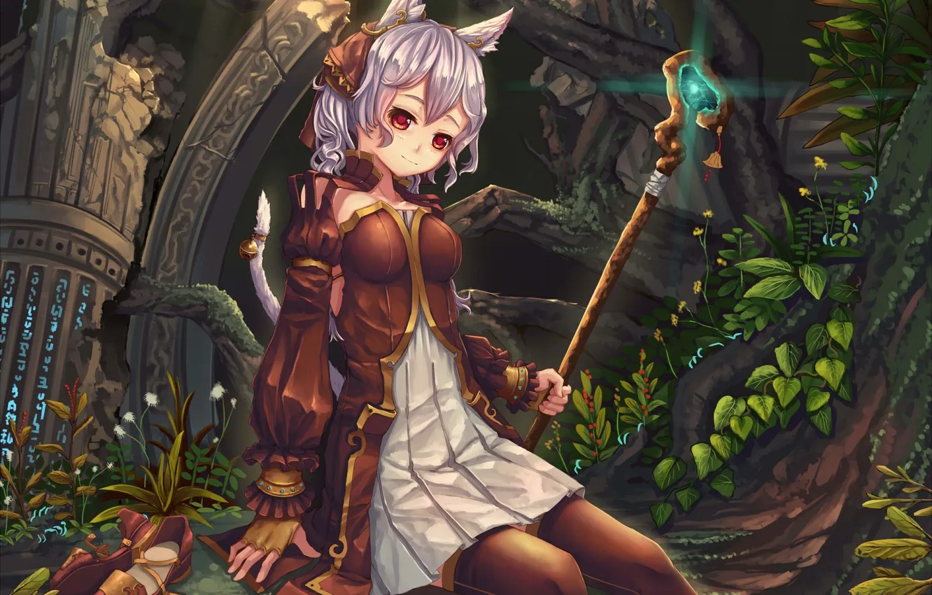 Photo wallpaper look, girl, smile, tail, neko, ears, art, scepter