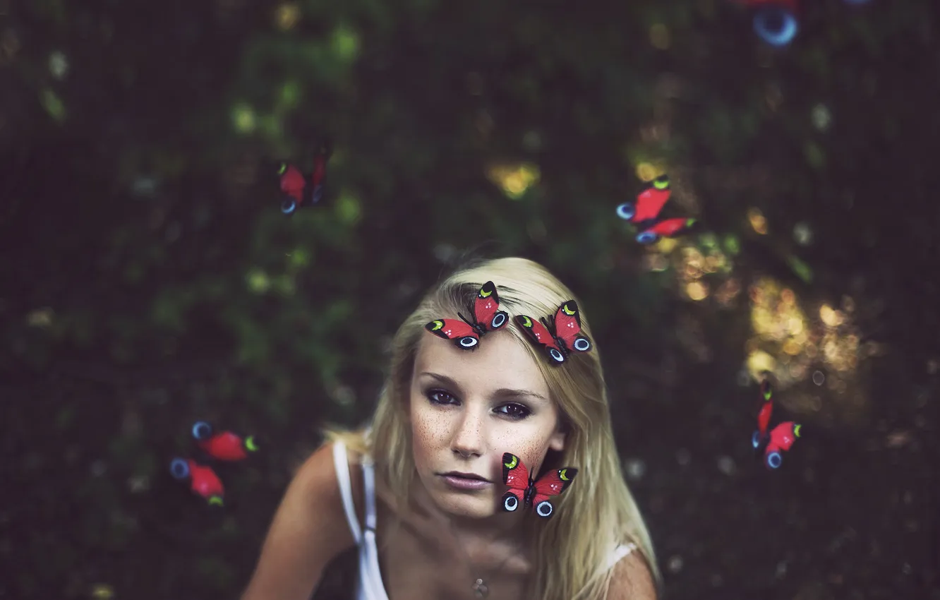 Photo wallpaper look, girl, mood, butterfly, blonde, bokeh