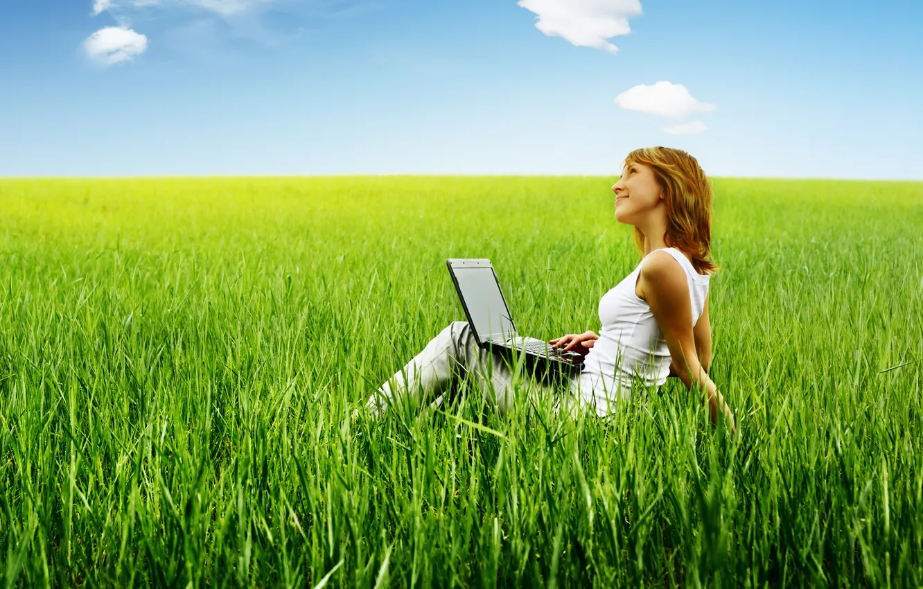 Photo wallpaper the sky, grass, girl, clouds, smile, jeans, laptop, brown hair