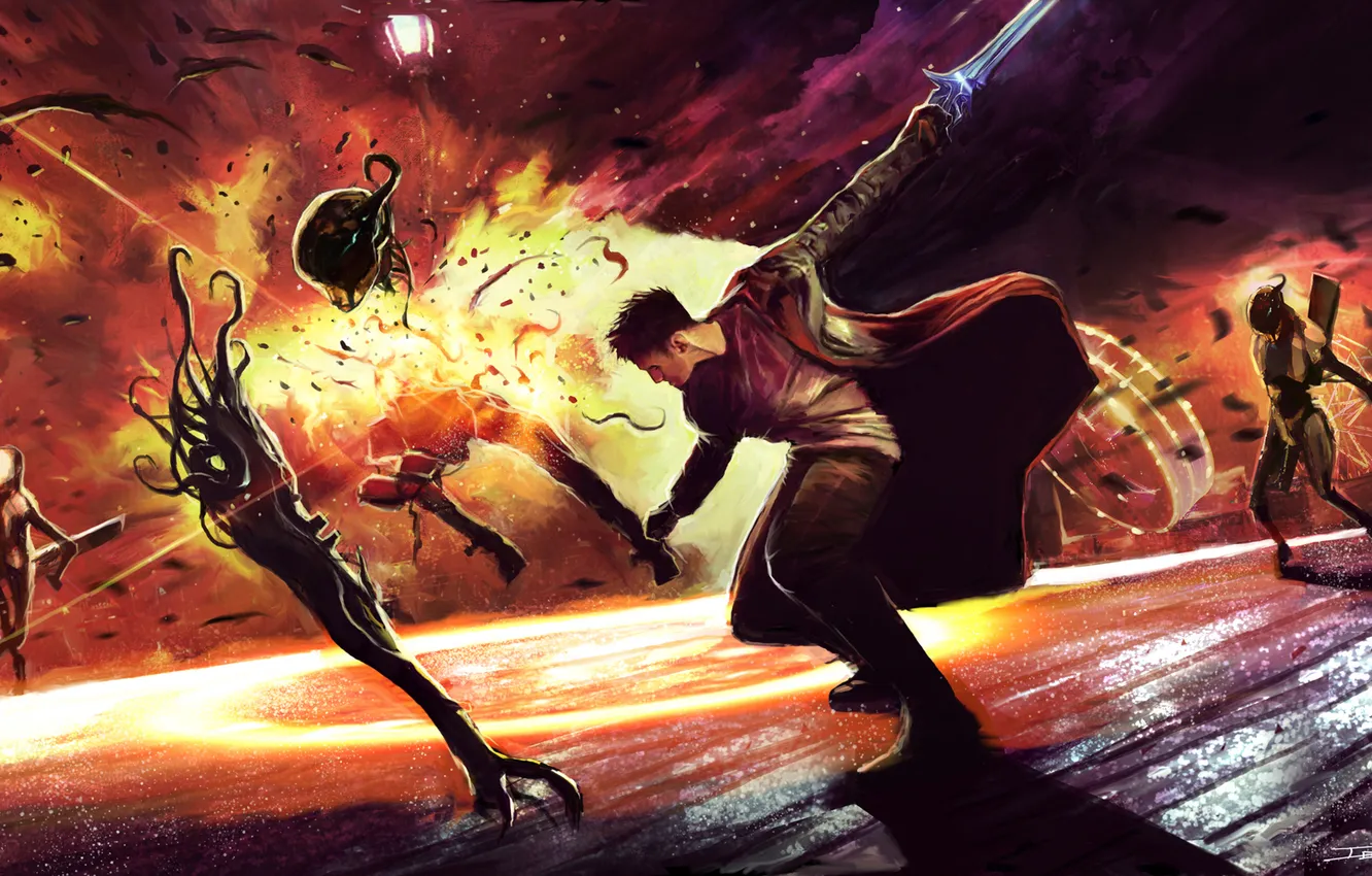 Photo wallpaper monster, sword, battle, art, lights, blow, cloak, Dante