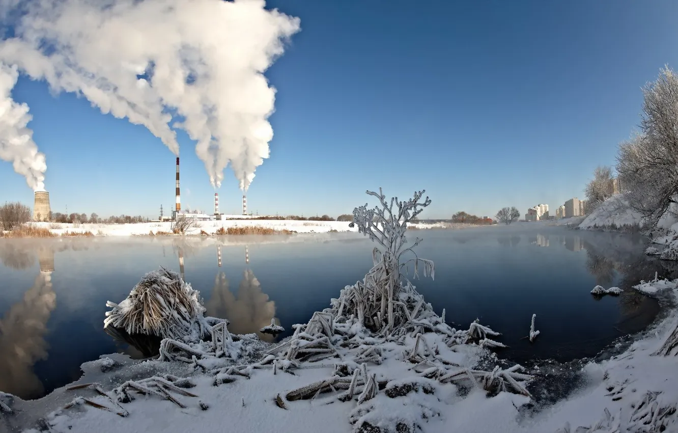 Photo wallpaper winter, landscape, the city, river, smoke, pipe