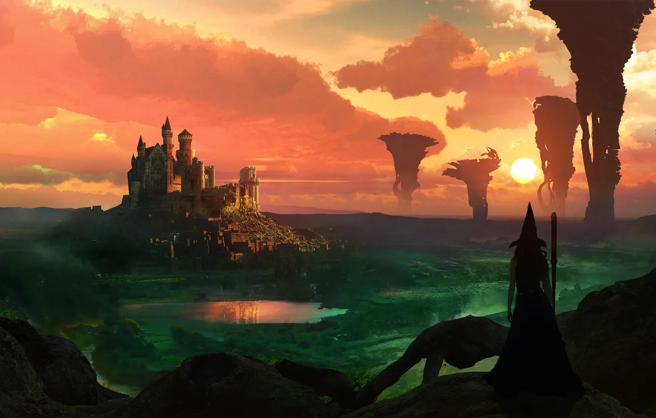 Photo wallpaper the sky, clouds, landscape, sunset, castle, fantasy, witch, Kingdom
