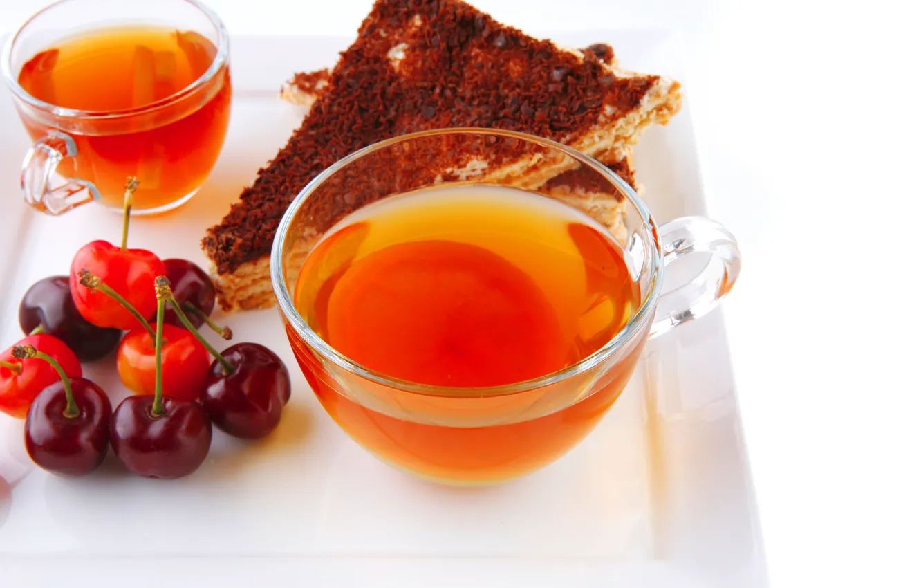 Photo wallpaper tea, the tea party, Cup, sweets, cake, dessert, cherry, delicious