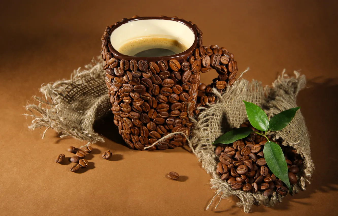 Photo wallpaper leaves, creative, coffee, mugs, leaves, grain, coffee, coffee beans