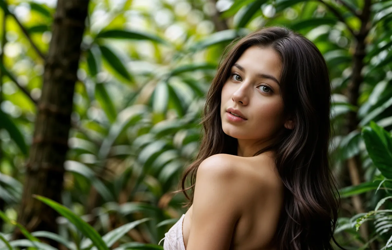 Photo wallpaper greens, eyes, look, girl, jungle, beautiful