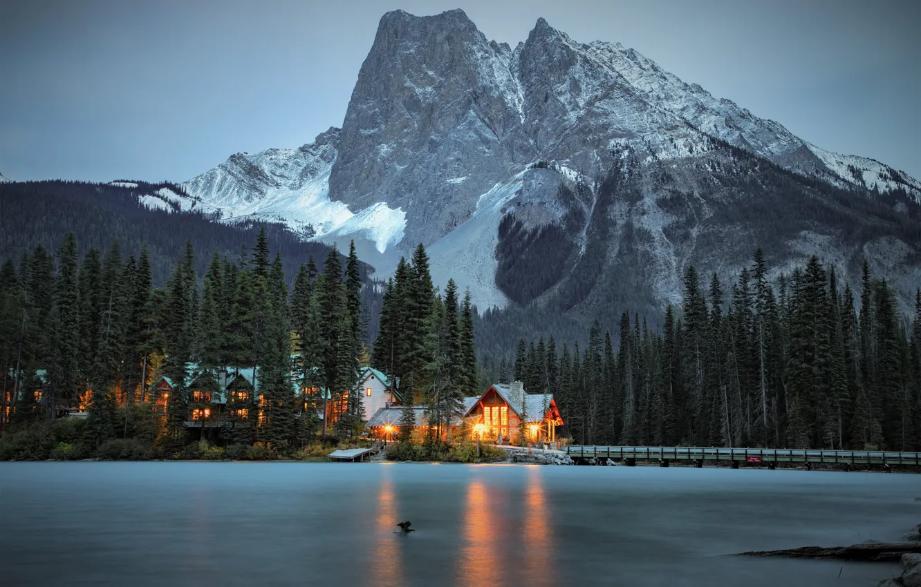 Photo wallpaper trees, mountains, bridge, lake, home, Canada, Canada, British Columbia