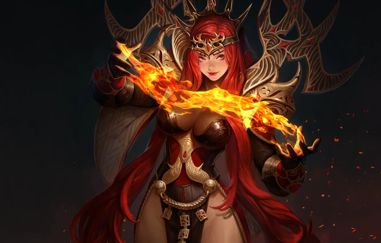 Photo wallpaper fire, girl, fantasy, armor, style, art, background, Illustration