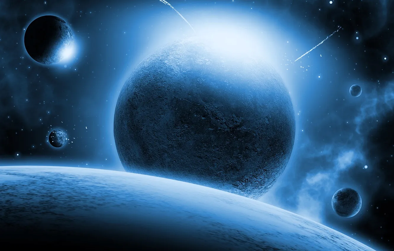 Photo wallpaper space, stars, planet, satellite, the atmosphere, AI ART