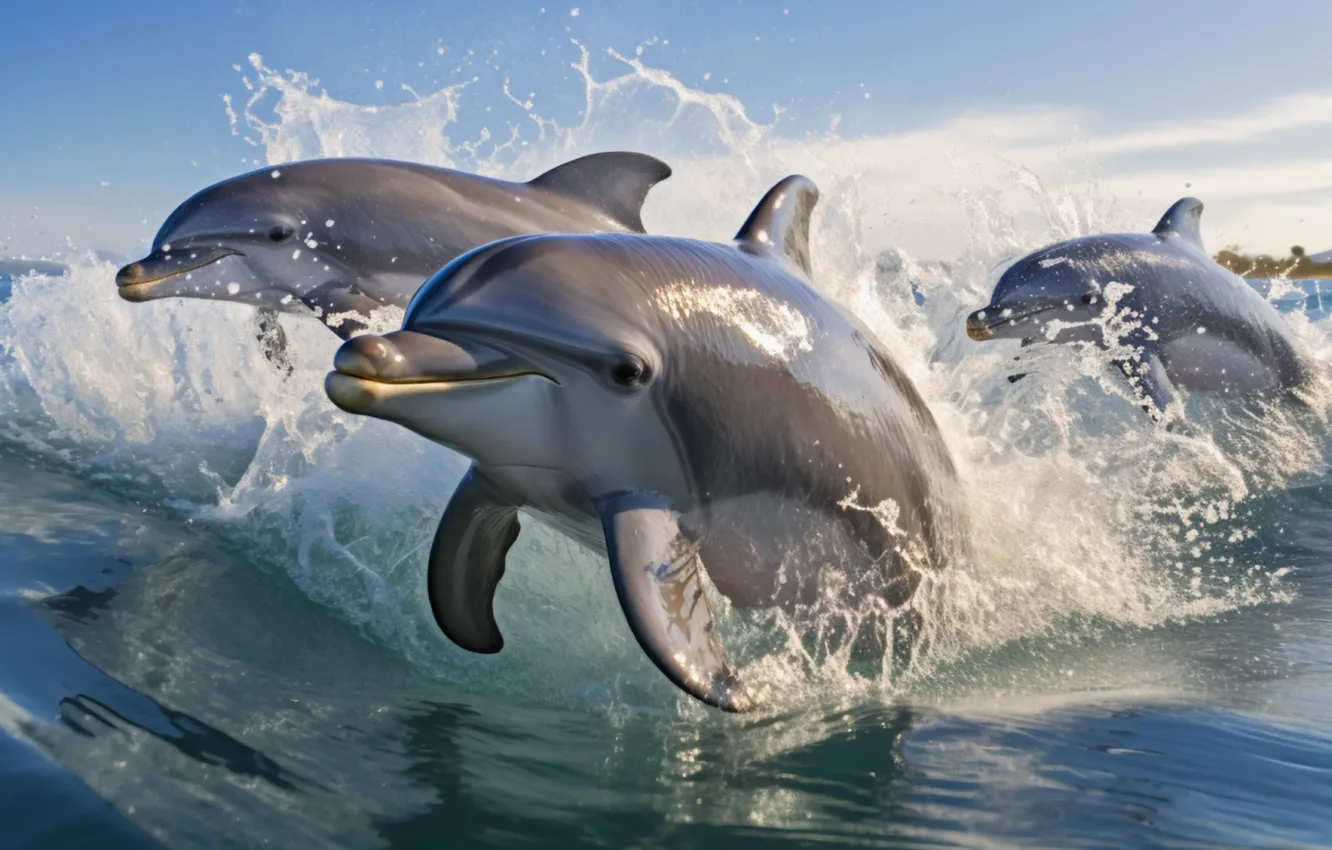 Photo wallpaper sea, wave, water, the ocean, jump, dolphins, swimming, sports