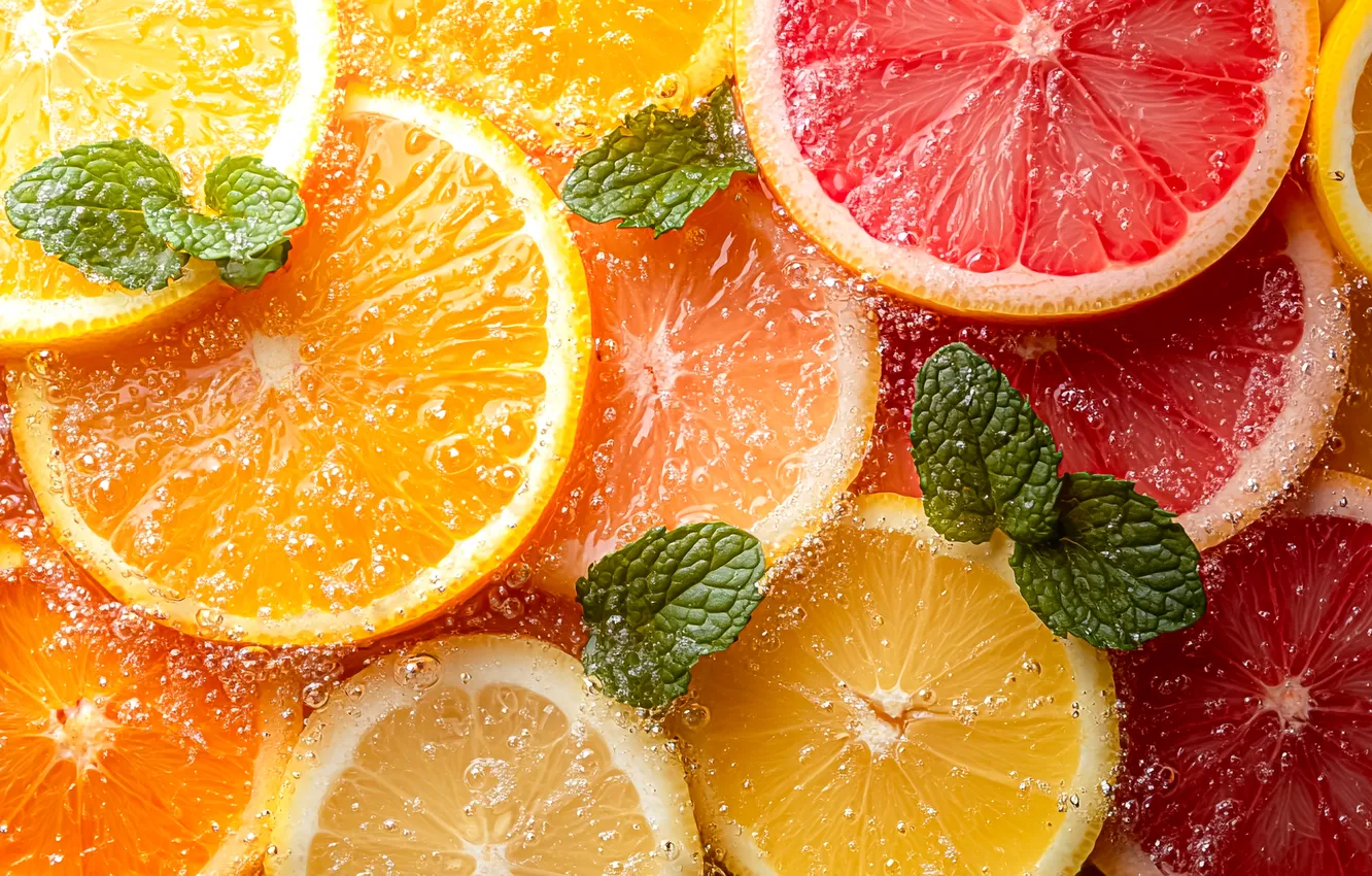 Photo wallpaper water, drops, macro, bubbles, lemon, orange, juice, citrus