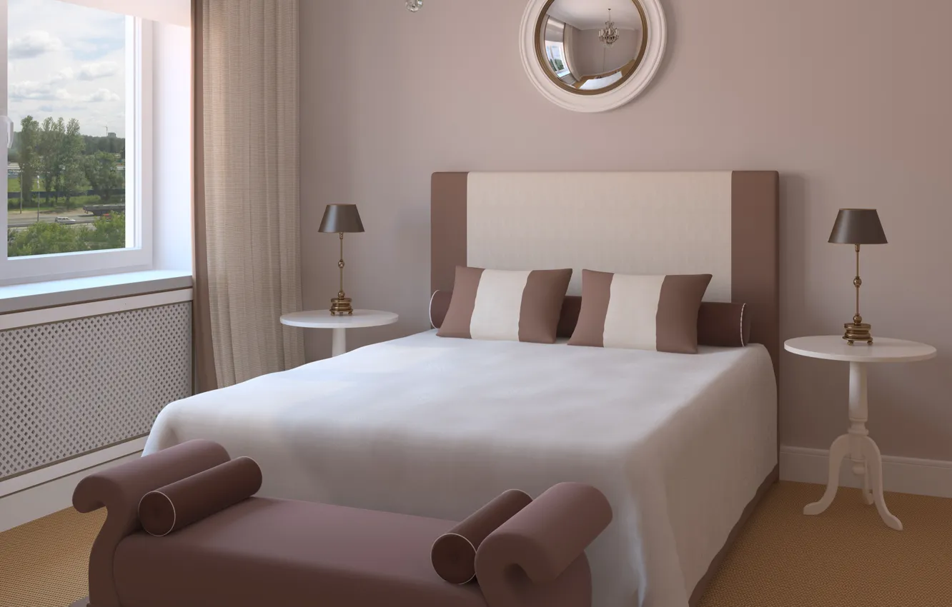 Photo wallpaper design, bed, interior, mirror, chandelier, bedroom