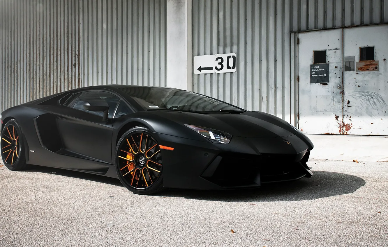 Photo wallpaper black, the building, the door, index, lamborghini, drives, black, side view