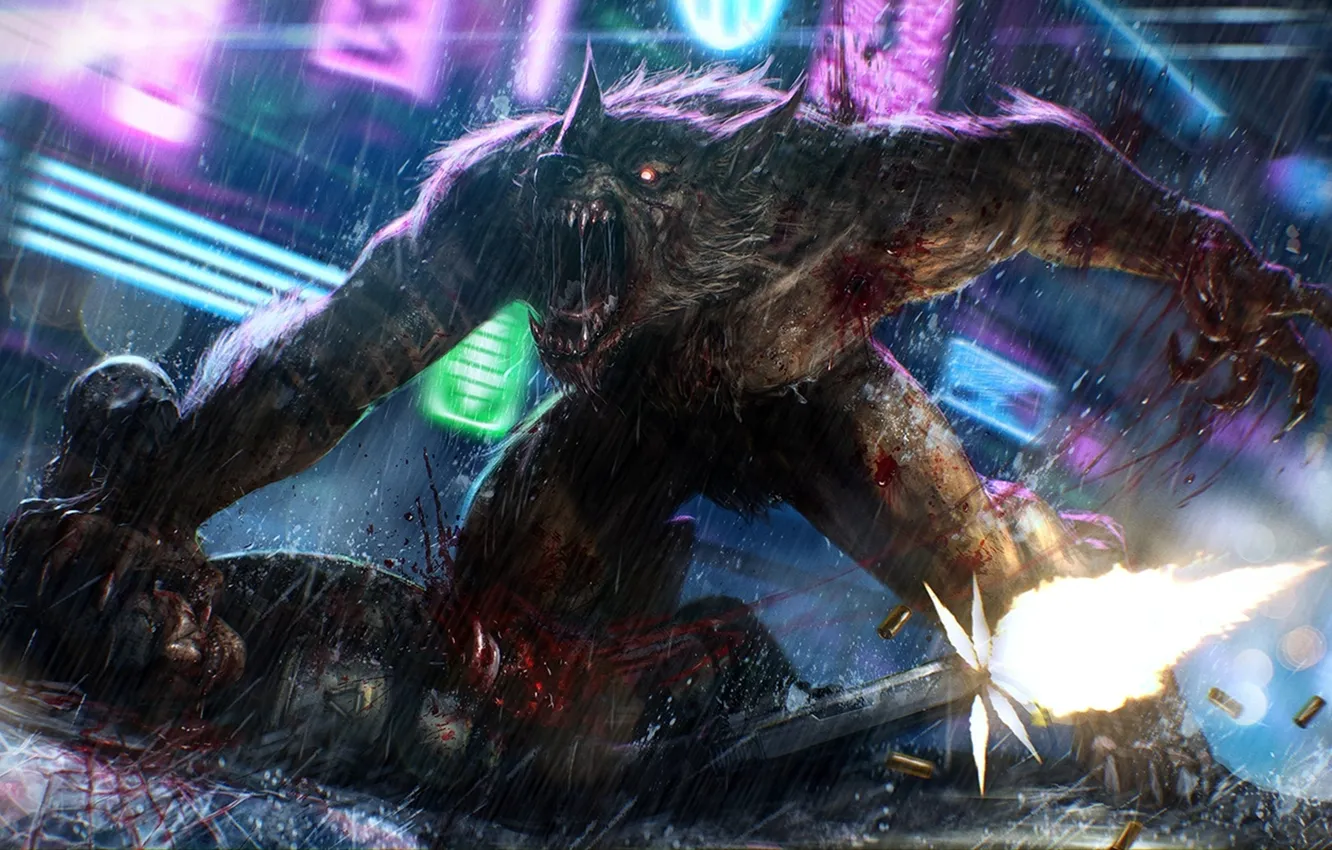 Photo wallpaper weapons, rain, blood, neon, shot, blow, male, werewolf