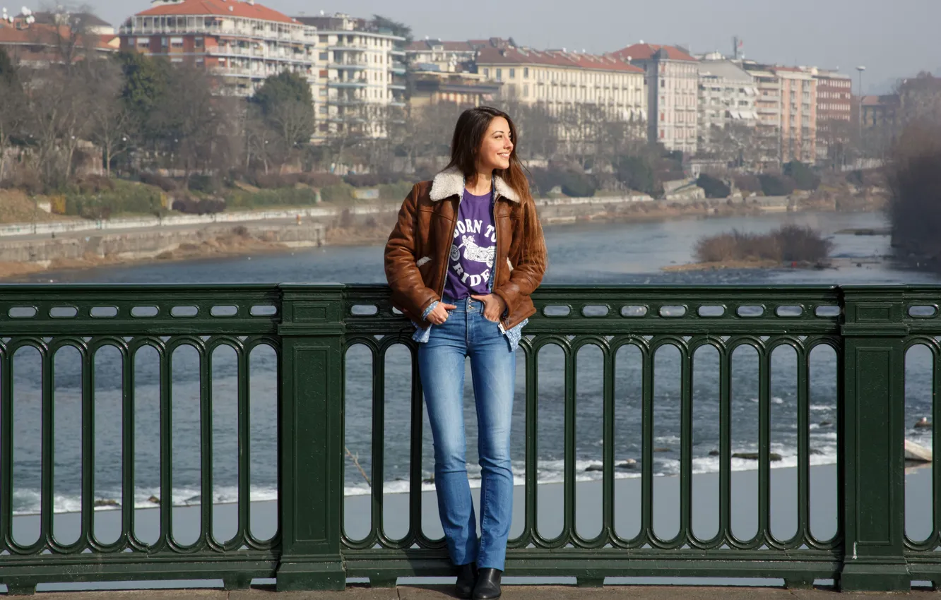 Photo wallpaper girl, jeans, brunette, jacket, Lorena, Lorena Garcia, fun, on the bridge