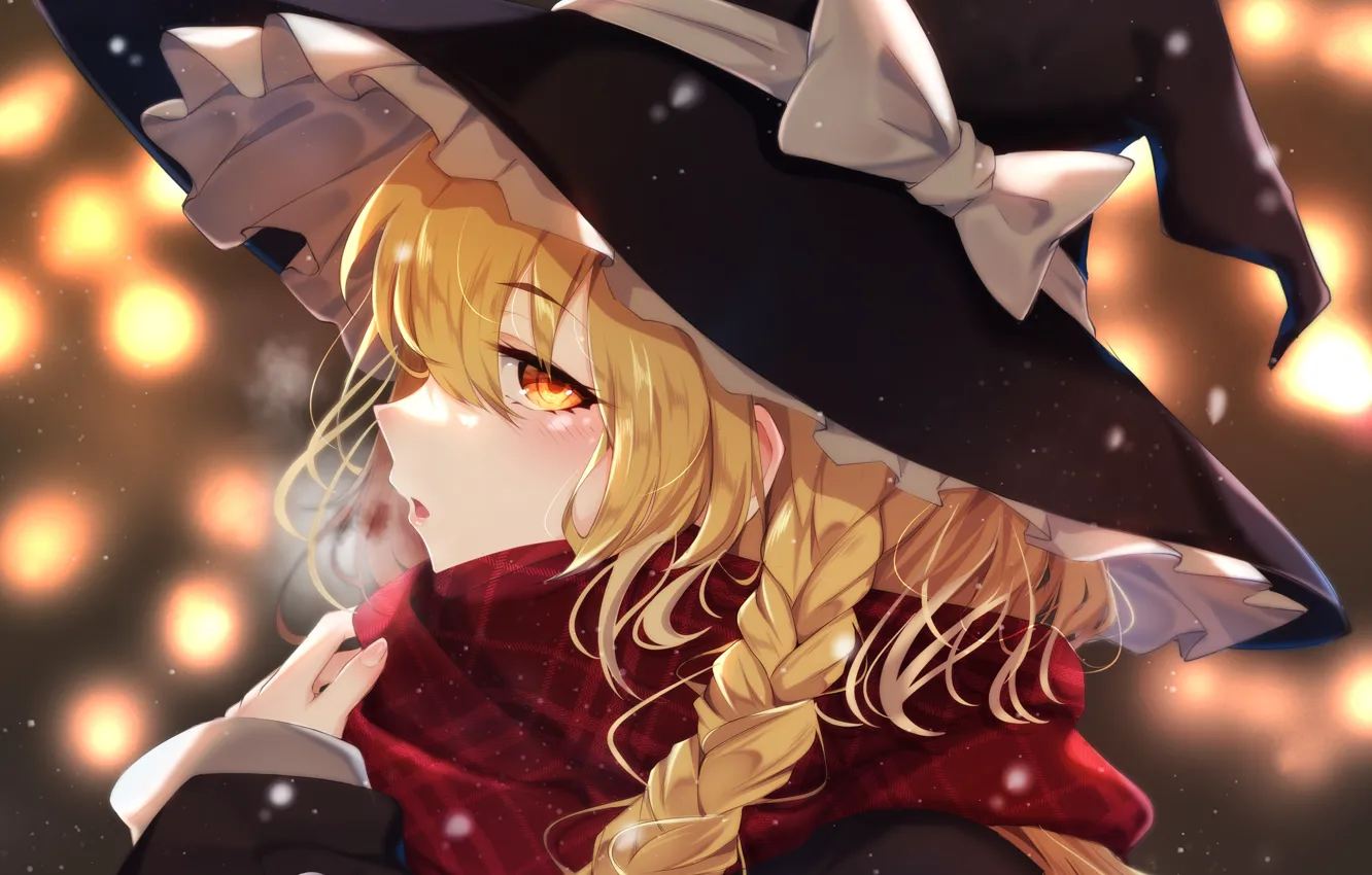 Photo wallpaper girl, snow, bokeh, Touhou Project, Marisa Kirisame