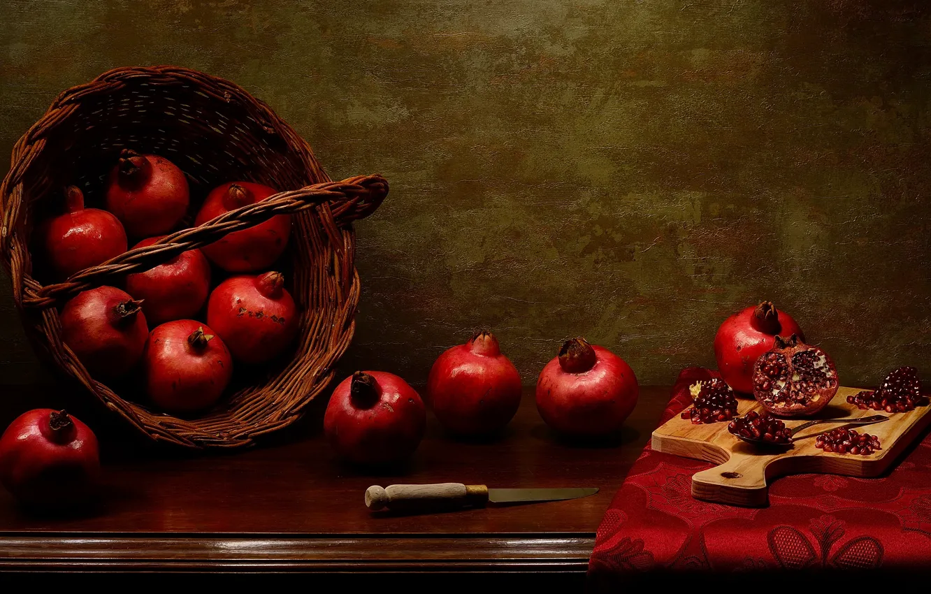 Photo wallpaper the dark background, table, knife, fruit, still life, basket, garnet, cutting Board