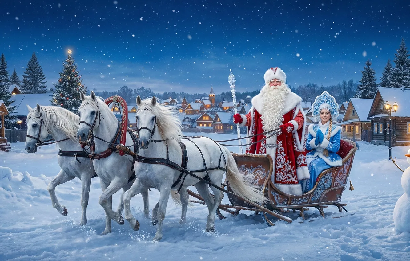 Photo wallpaper sleigh, three, Snow maiden, New Year, Father Christmas, Snowman