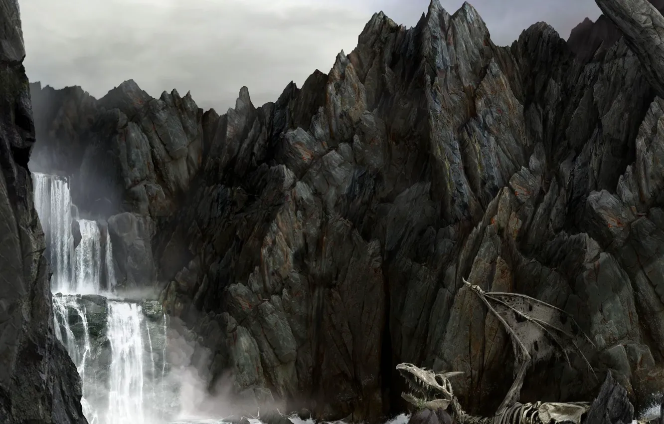 Photo wallpaper sea, rocks, dragon, waterfall, skeleton