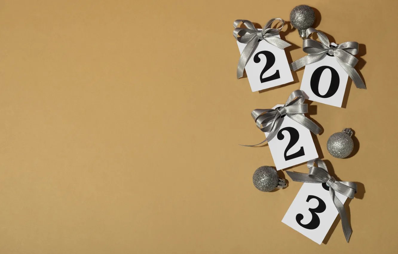 Photo wallpaper balls, new year, silver, figures, white, cardboard, bow, date