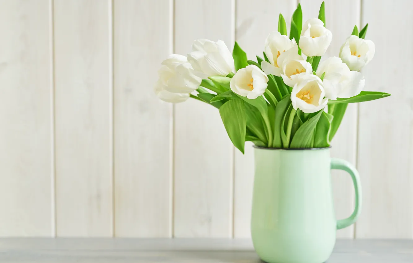 Photo wallpaper bouquet, tulips, vase, pitcher, white, Yarovoy Aleksandr