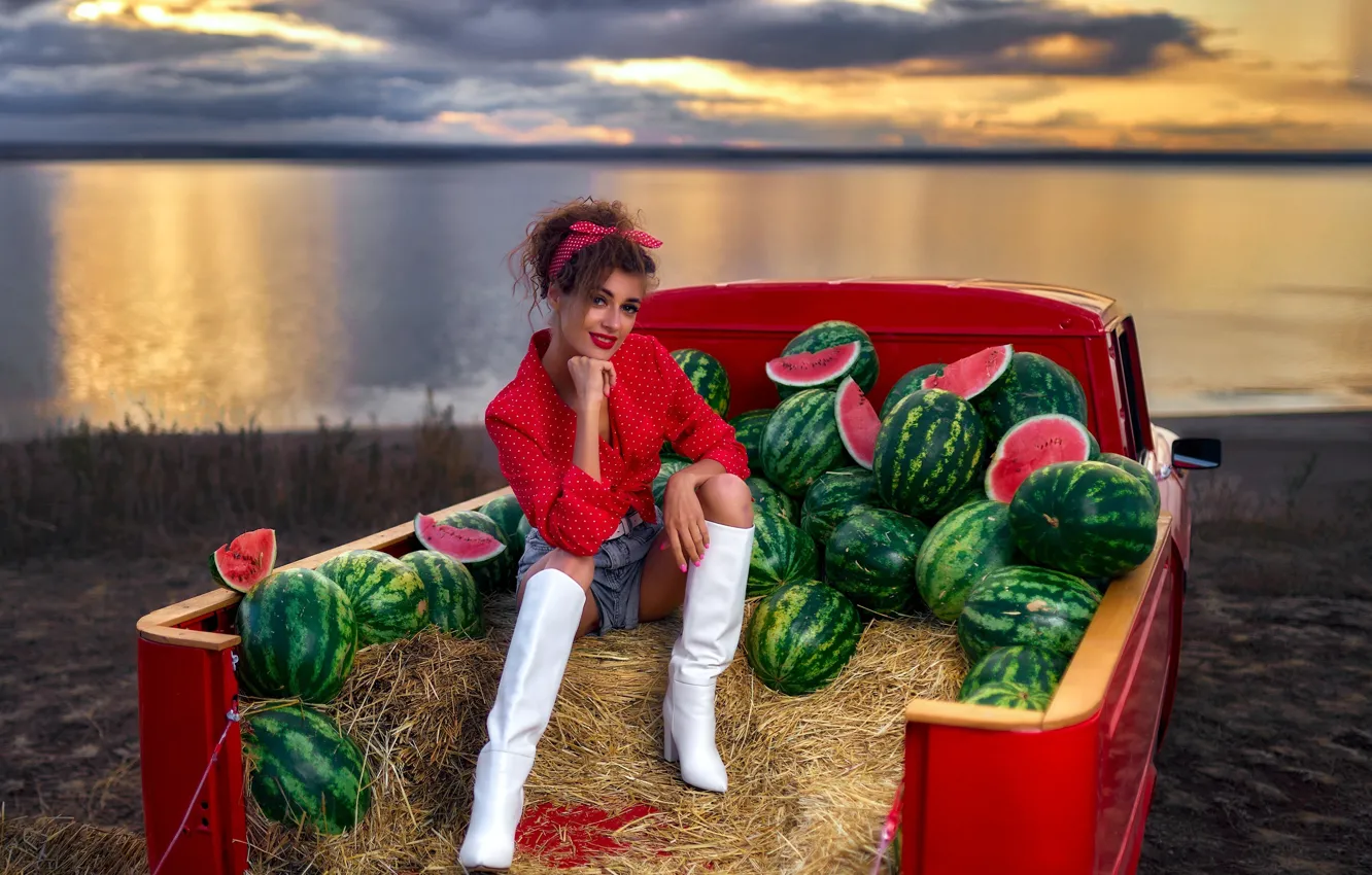 Photo wallpaper auto, girl, pose, river, shorts, boots, watermelon, hay