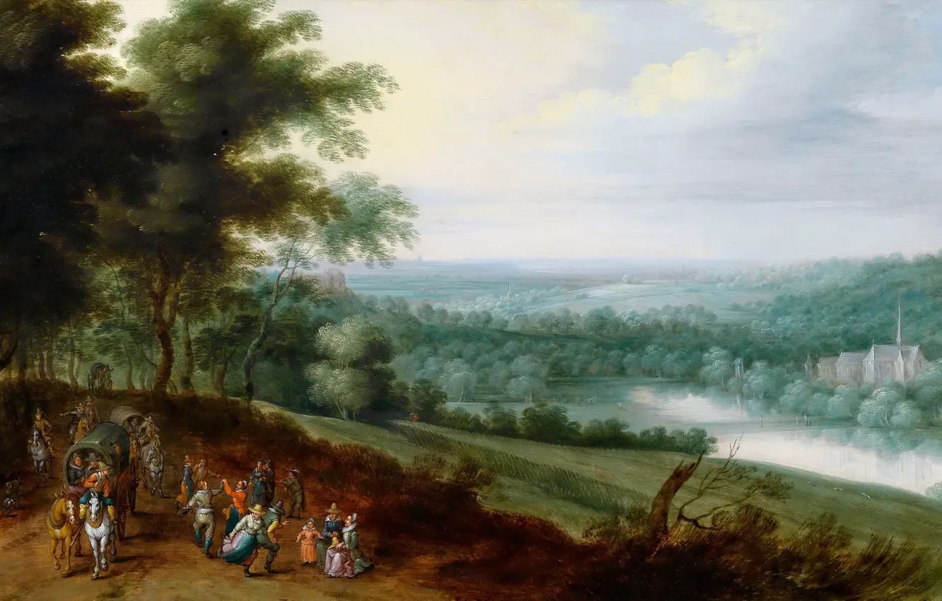 Photo wallpaper trees, picture, valley, Jan Brueghel the younger, Landscape with Travellers and Peasants Dancing