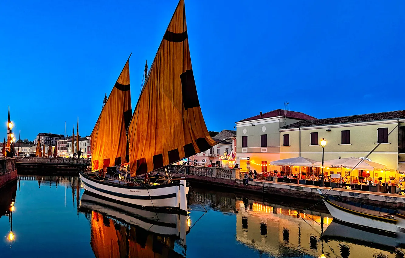 Photo wallpaper the city, boat, home, the evening, lighting, port, Italy, municipality