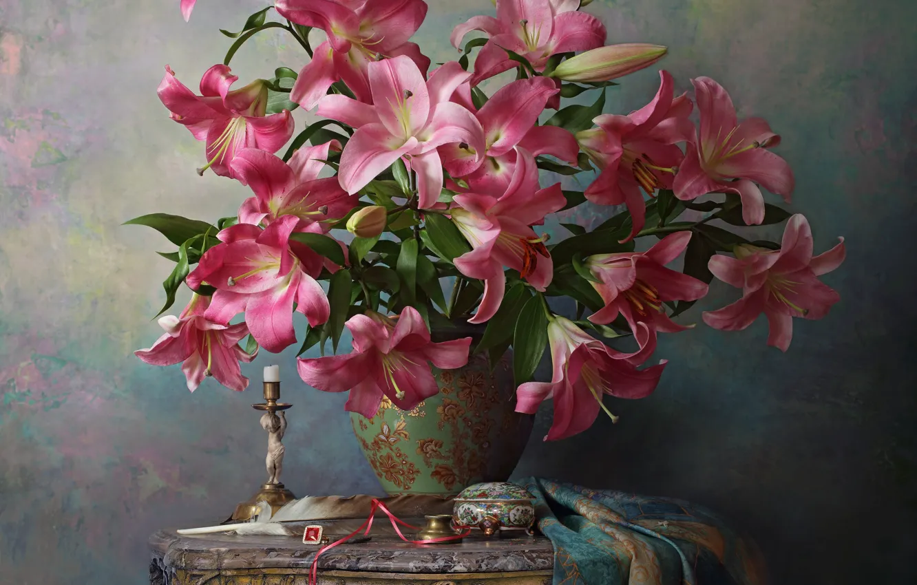 Photo wallpaper flowers, pen, Lily, candle, bouquet, fabric, box, vase