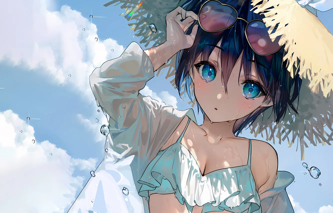 Photo wallpaper girl, sexy, wet, cleavage, beach, hat, boobs, anime