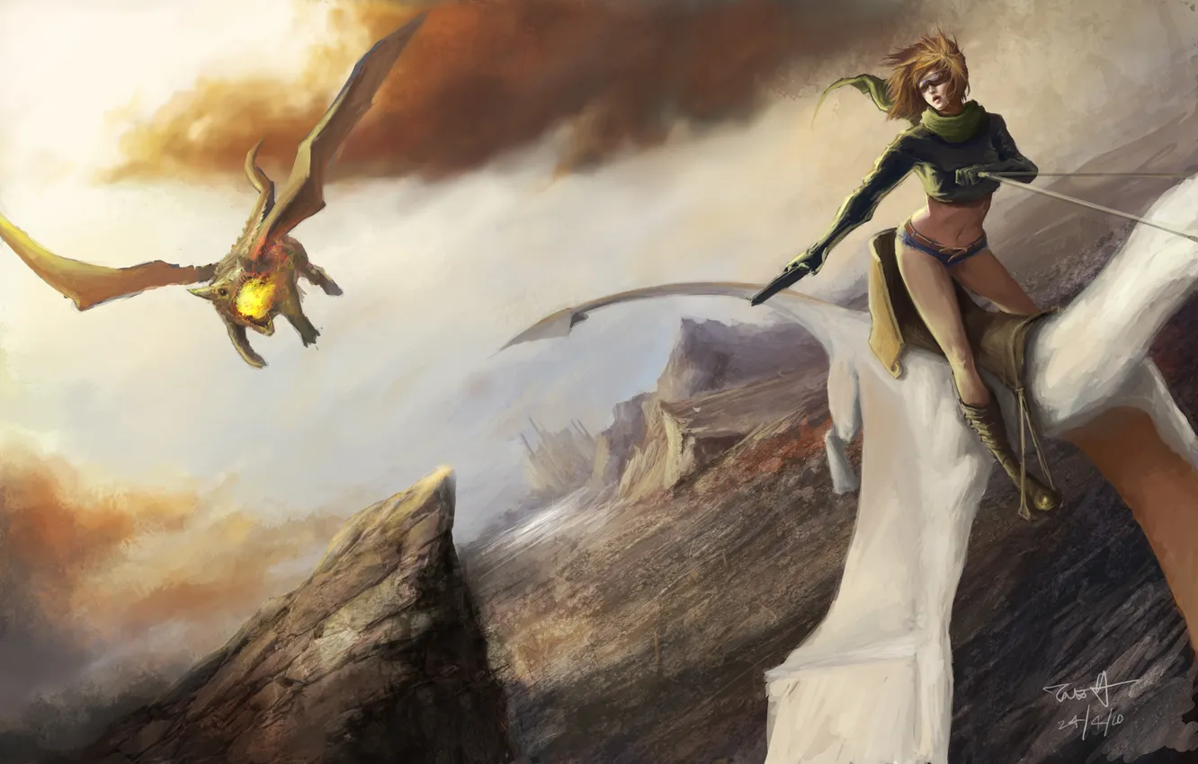 Photo wallpaper girl, flight, gun, weapons, dragon, art, top