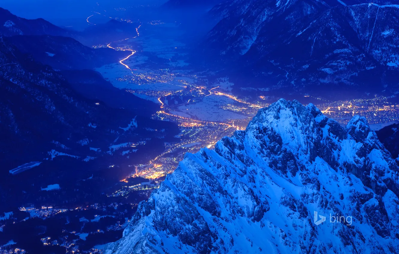 Photo wallpaper mountains, night, the city, lights, valley