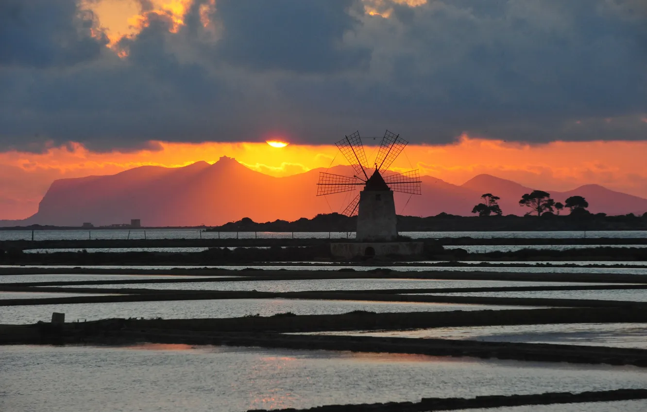 Photo wallpaper clouds, sunset, mountains, mill, wind