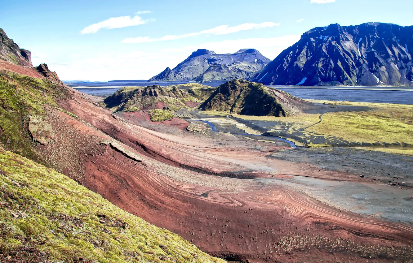 Photo wallpaper mountains, stream, Iceland, colorful stones