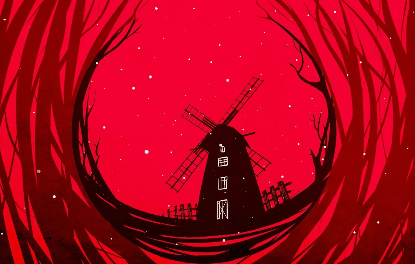 Photo wallpaper snow, art, mill, red background