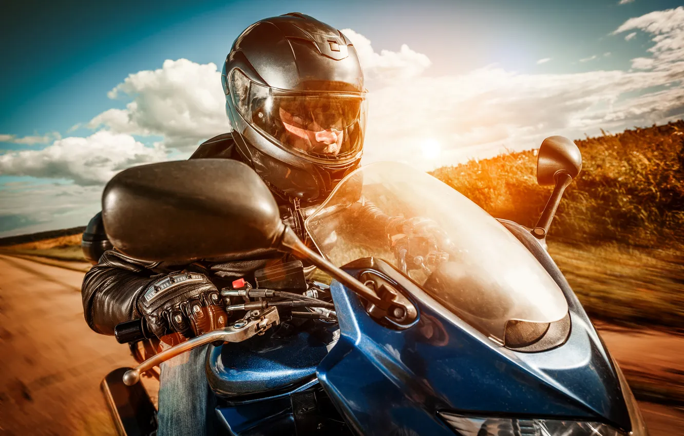 Photo wallpaper road, clouds, people, motorcycle