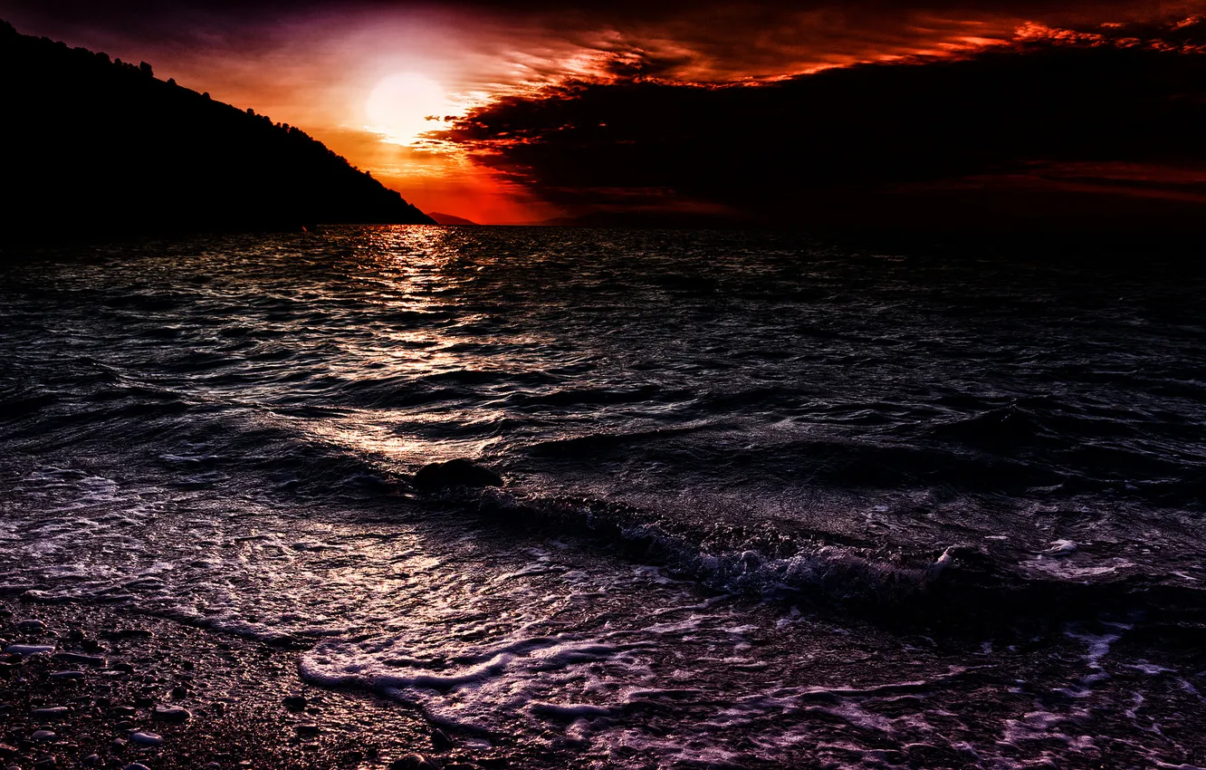 Photo wallpaper sea, wave, the sky, sunset, mountains, clouds