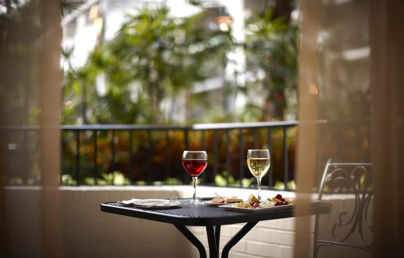 Photo wallpaper wine, food, glasses, balcony, table