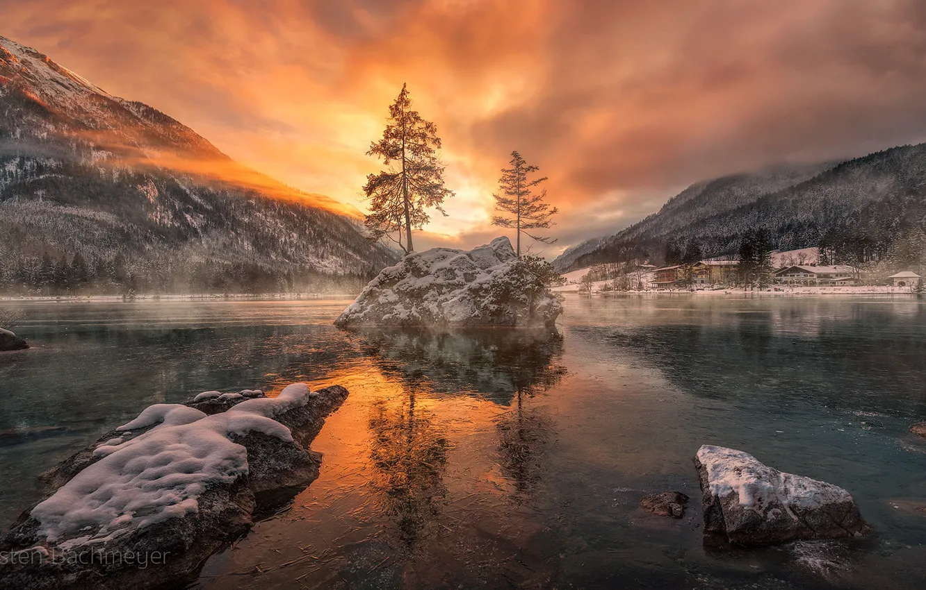 Photo wallpaper winter, trees, sunset, mountains, Bayern, Germany, Bavaria, Berchtesgaden National Park