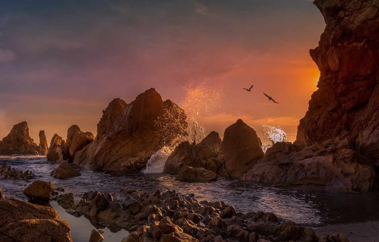 Photo wallpaper sunset, rocks, shore