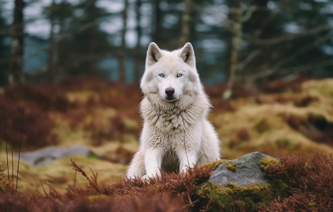 Photo wallpaper autumn, forest, white, look, stones, wolf, sitting, Arctic