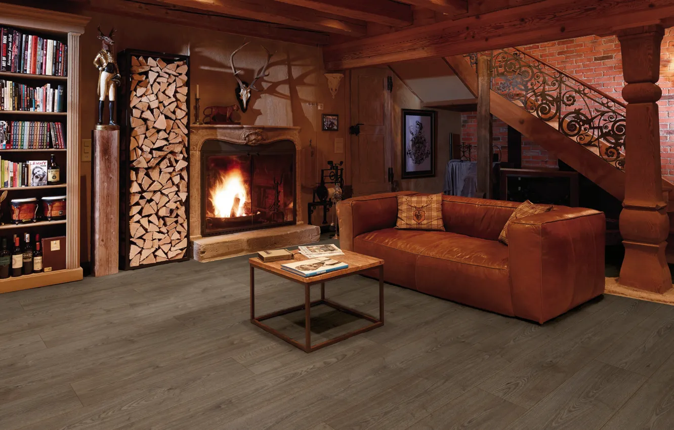 Photo wallpaper design, style, interior, fireplace, library, living room, Kronoswiss laminate flooring, Beronio lumber