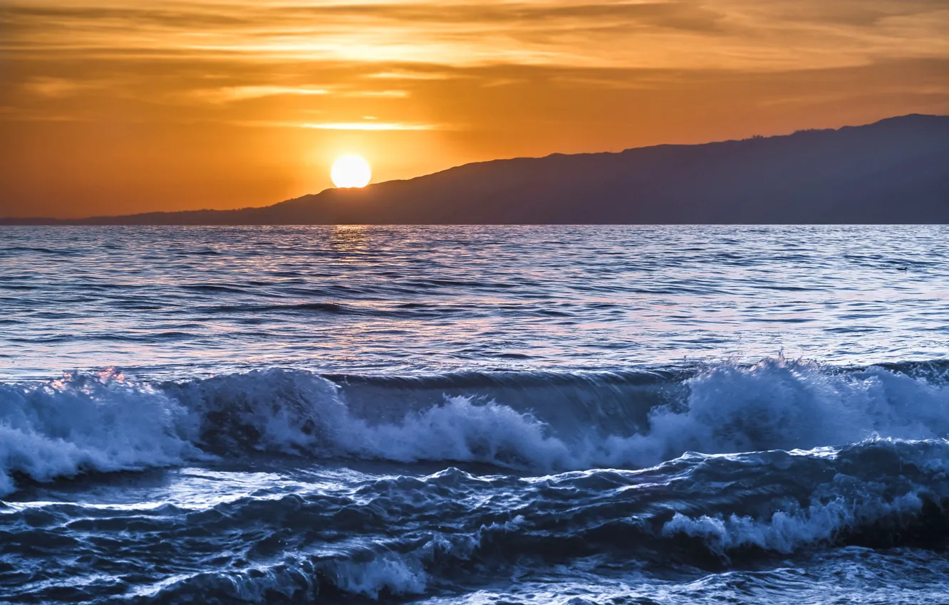 Photo wallpaper sea, wave, the sun, sunset, mountains, surf