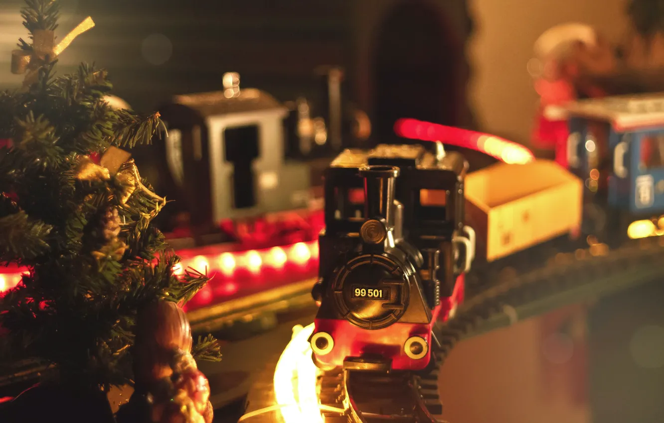 Photo wallpaper light, lights, sprig, toy, new year, train, the engine, Christmas