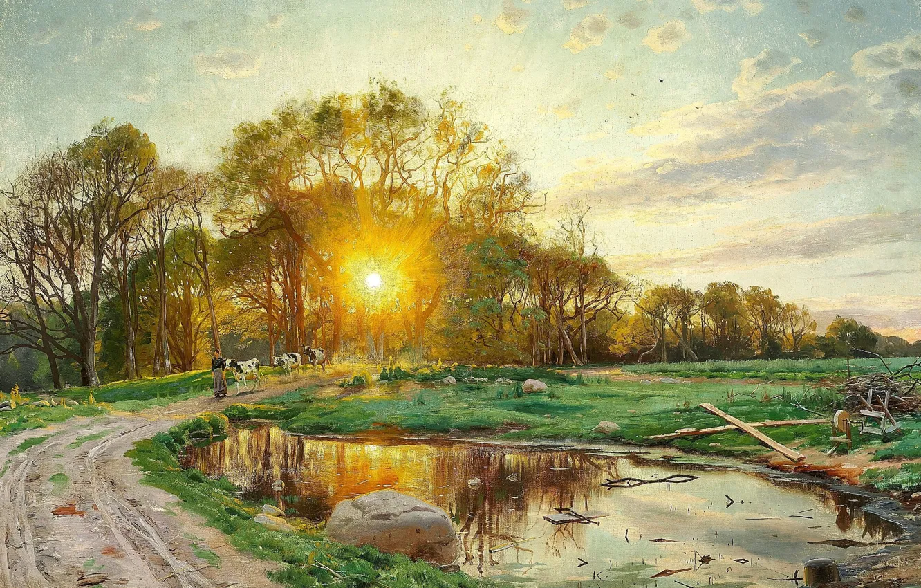 Photo wallpaper 1897, Danish painter, Peter Merk Of Menstad, Peder Mørk Mønsted, Danish painter, The sun sets …