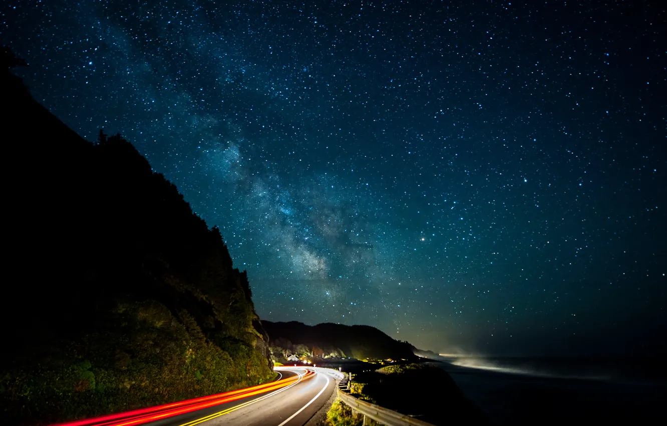 Photo wallpaper road, lights, lights, the milky way, road, Milky Way