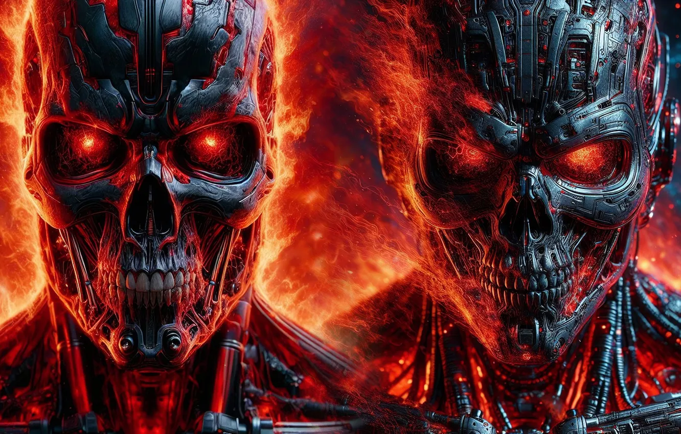 Photo wallpaper lights, flame, robot, terminator