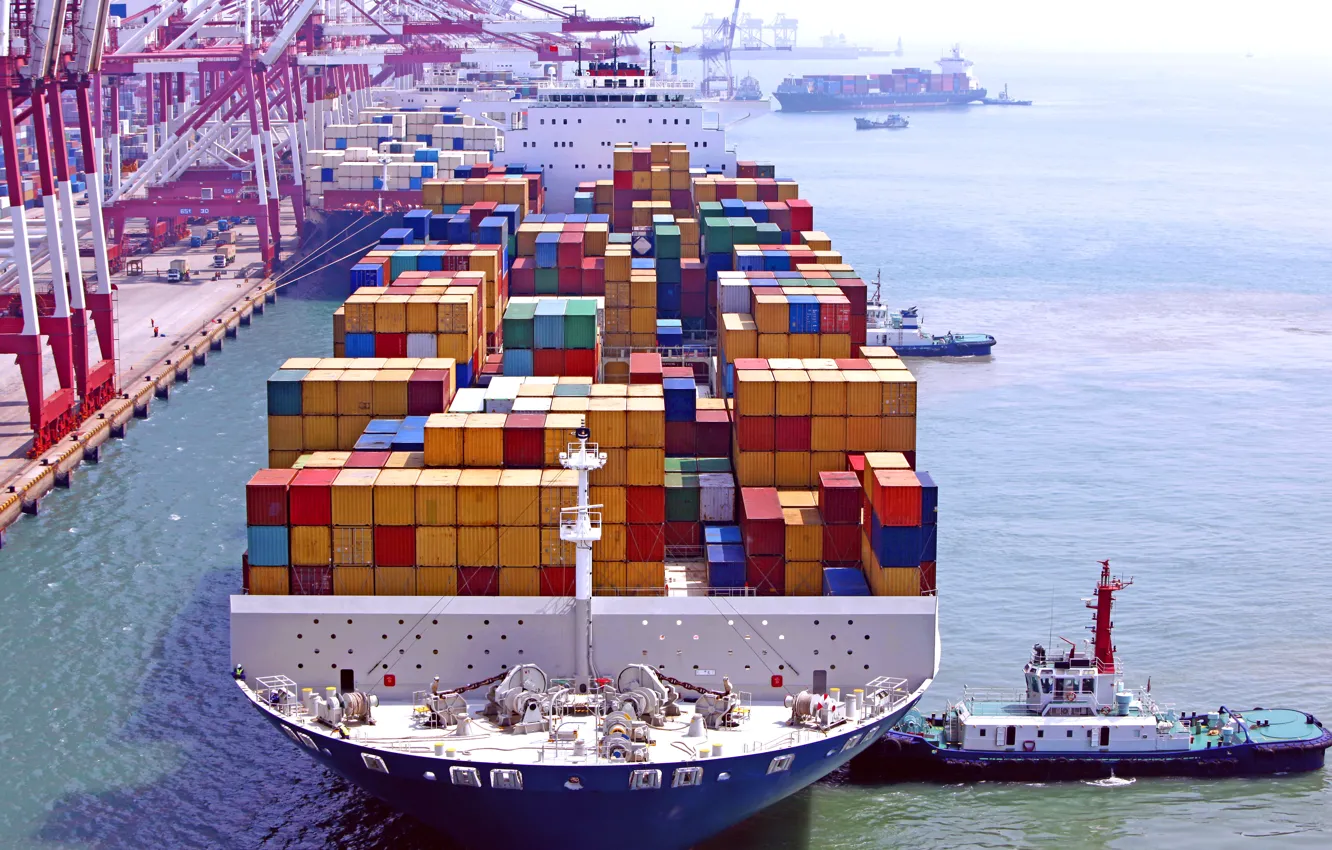 Photo wallpaper Port, The ship, Cargo, A container ship, Terminal, Tugs, Container, Cargo