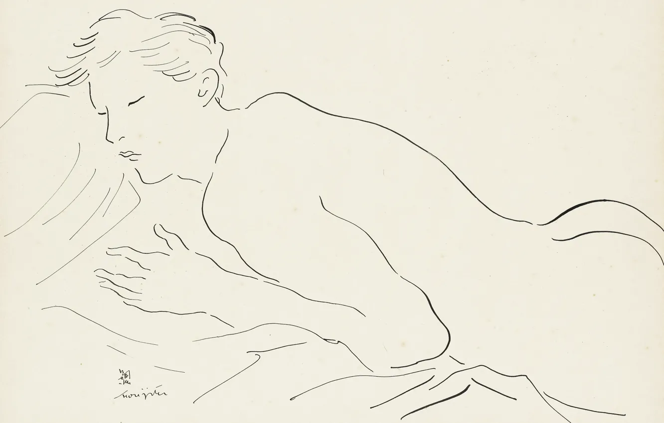 Photo wallpaper ass, paper, pen and ink, (Tsuguharu Foujita), Sleeping Nude, pasted