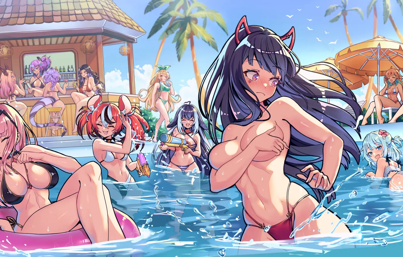 Photo wallpaper Bikini, Sexy girls, Hololive, Gawr Gura, mori calliope, Vtuber, shylily, hakos baelz